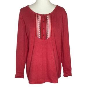 Eddie Bauer Thermal Henley Shirt Red Embroidered Button Front Top Size 2XL Boho